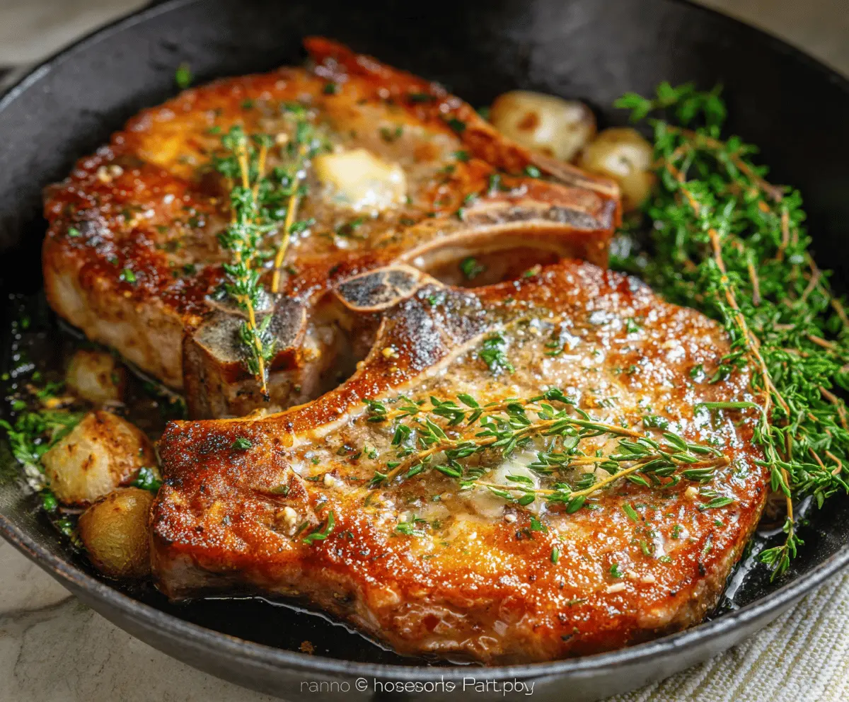 Juicy pan-seared pork chops with crispy golden crust served on a plate, garnished with fresh herbs