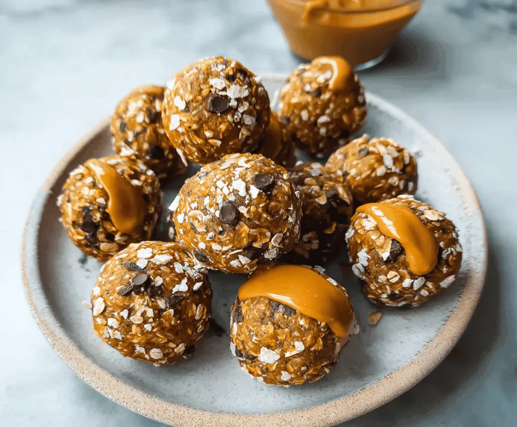 Healthy peanut butter pumpkin protein balls on a white plate, featuring a nutty, creamy texture with hints of cinnamon and pumpkin spice for a nutritious snack.