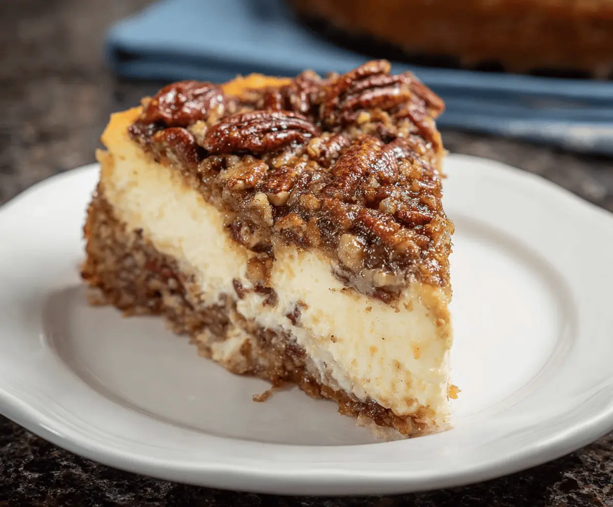 Creamy pecan pie cheesecake topped with toasted pecans and caramel drizzle, served on a decorative plate for a decadent dessert.