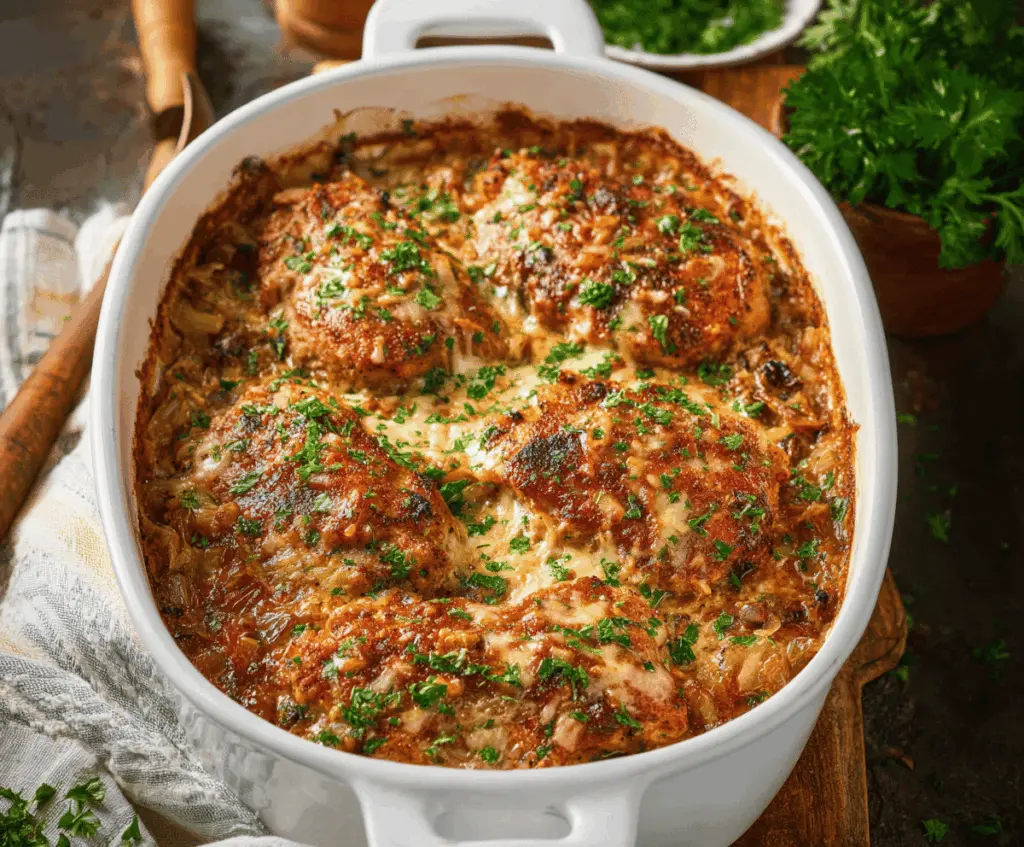 Delicious pork chop casserole with golden-brown crust and flavorful vegetables served on a white plate.