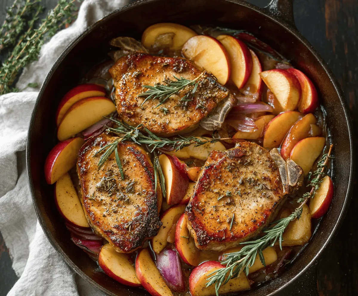 Juicy pork chops topped with caramelized apples and onions, served on a plate, perfect for a flavorful dinner.