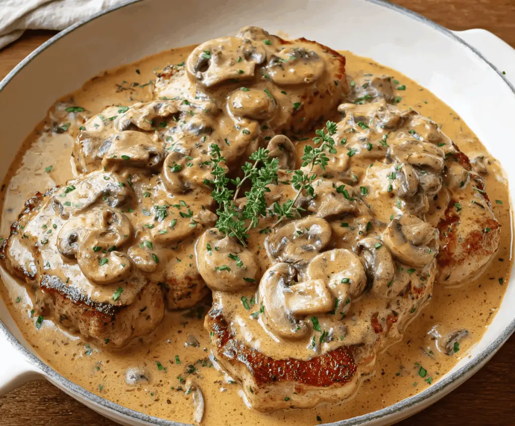 Juicy pork chops topped with creamy mushroom soup served on a rustic plate, perfect for a hearty dinner recipe