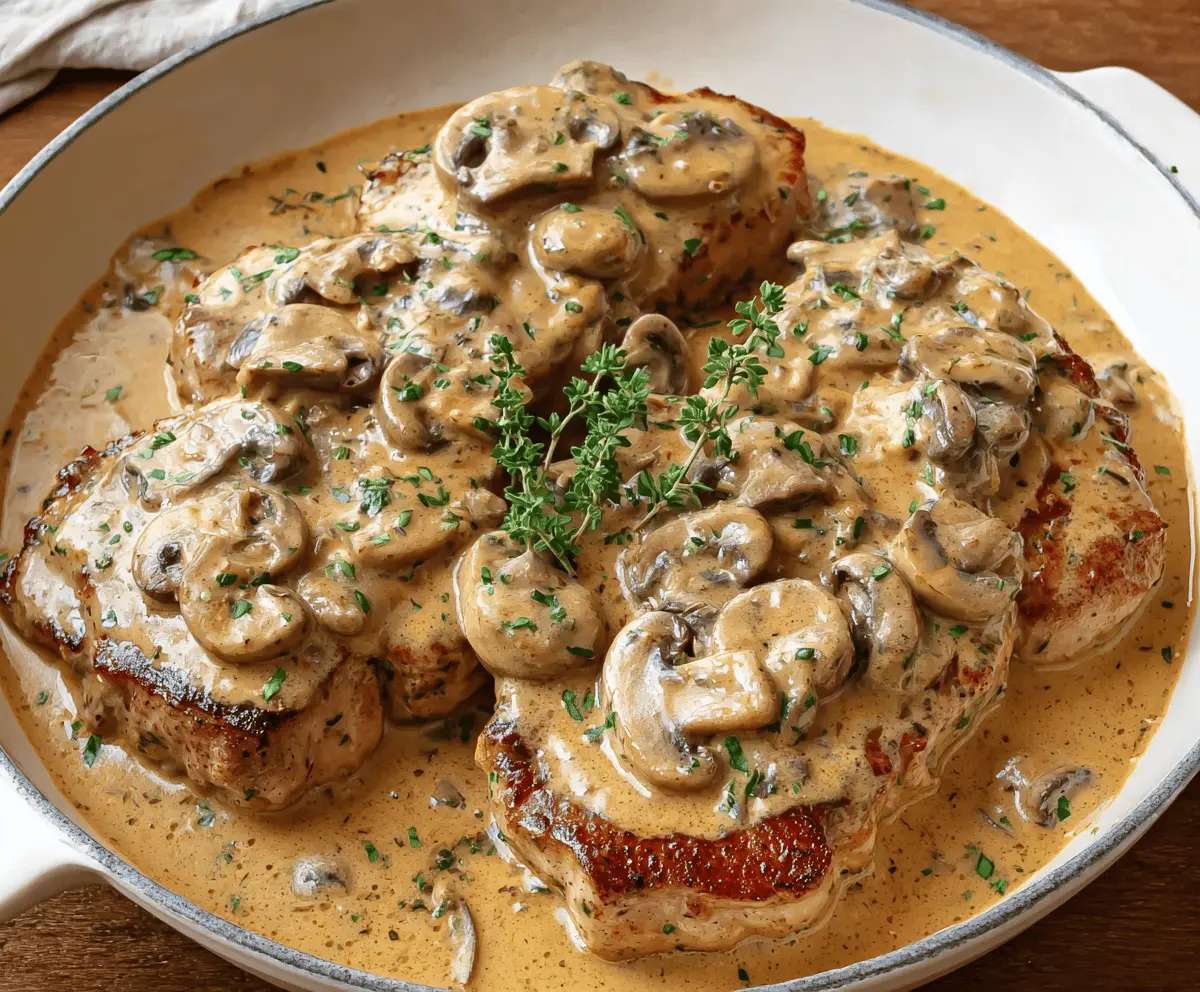 Juicy pork chops topped with creamy mushroom soup served on a rustic plate, perfect for a hearty dinner recipe