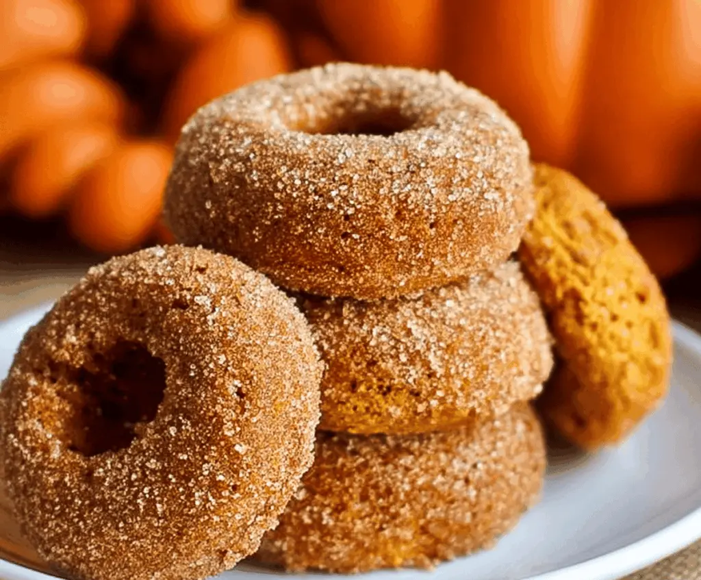 Freshly baked pumpkin donuts topped with cinnamon sugar on a rustic plate, perfect for fall indulgence.