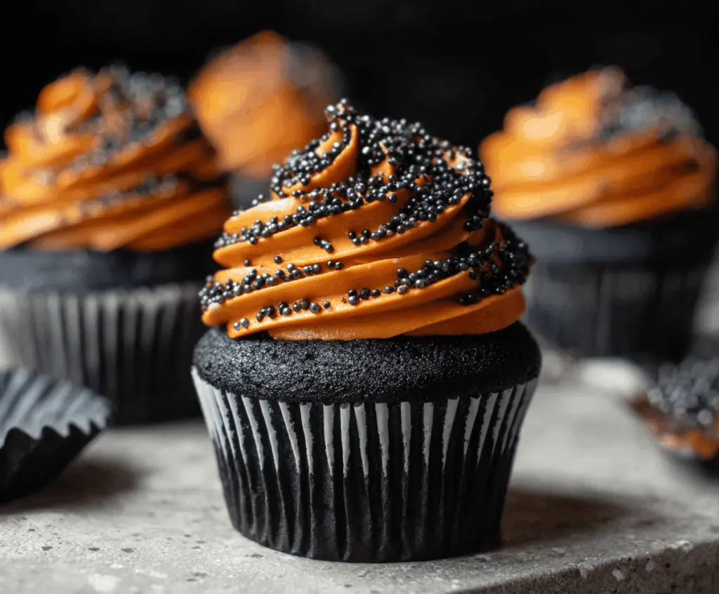 Delicious Pumpkin Black Velvet Cupcakes topped with cream cheese frosting and spooky black sprinkles, perfect for Halloween treats