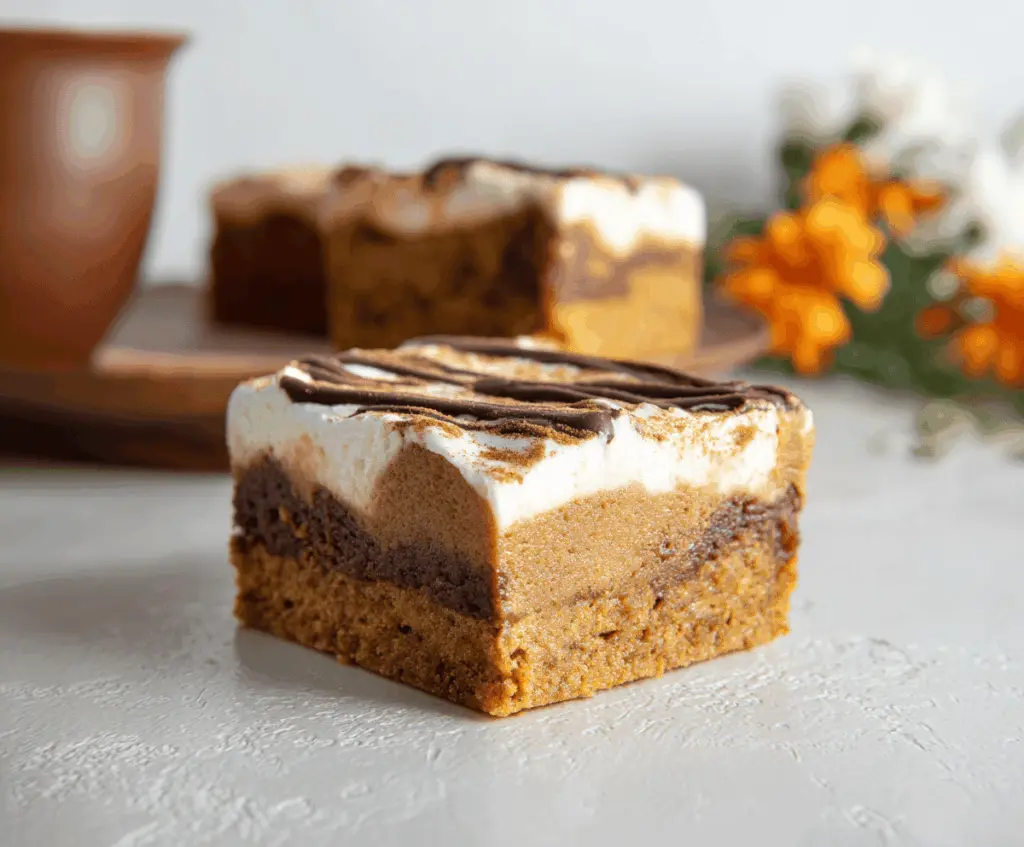 Delicious Pumpkin Blondie Cheesecake Bars with a creamy topping and pumpkin spice, perfect for fall desserts.