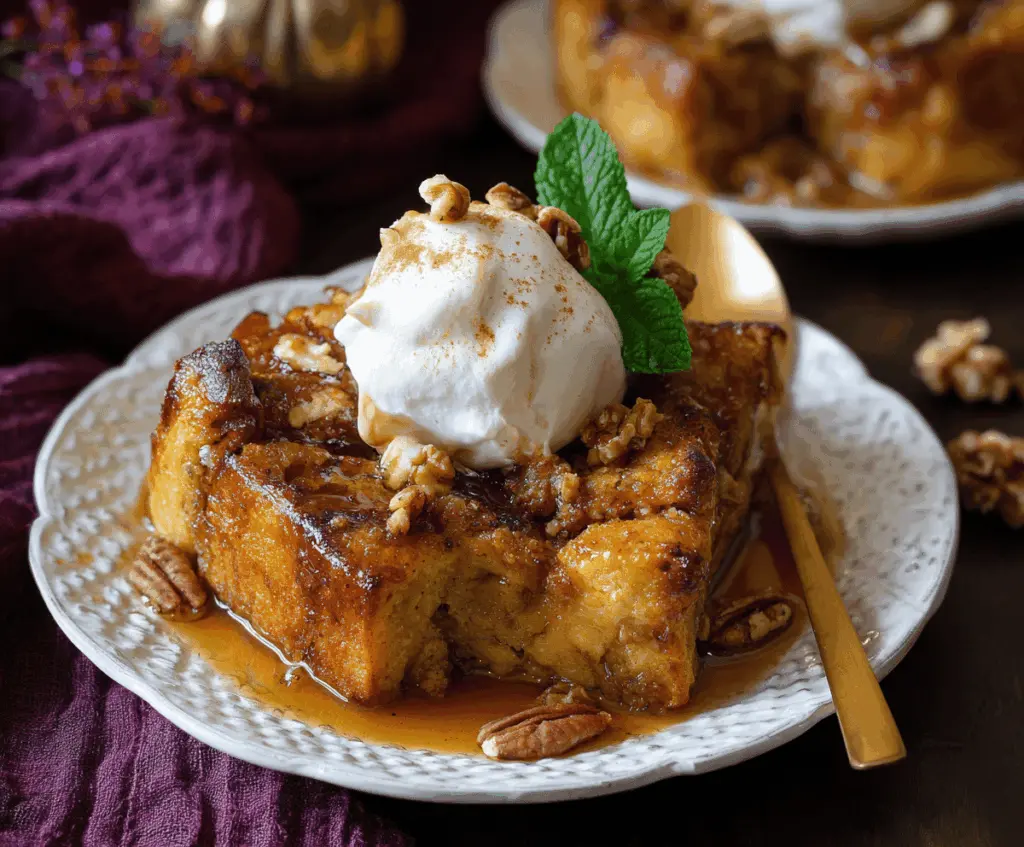 Delicious homemade pumpkin bread pudding topped with whipped cream and caramel drizzle, perfect for fall desserts.
