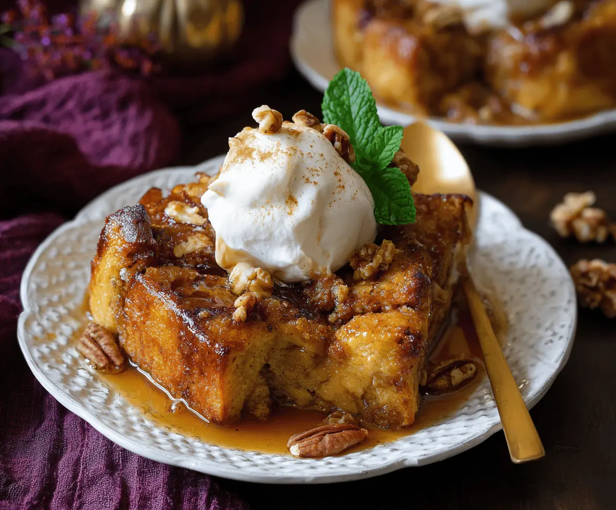 Delicious homemade pumpkin bread pudding topped with whipped cream and caramel drizzle, perfect for fall desserts.