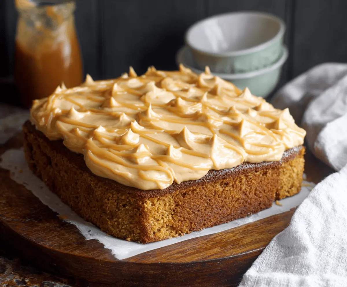 Delicious pumpkin cake topped with creamy caramel cream cheese frosting, perfect for fall desserts.