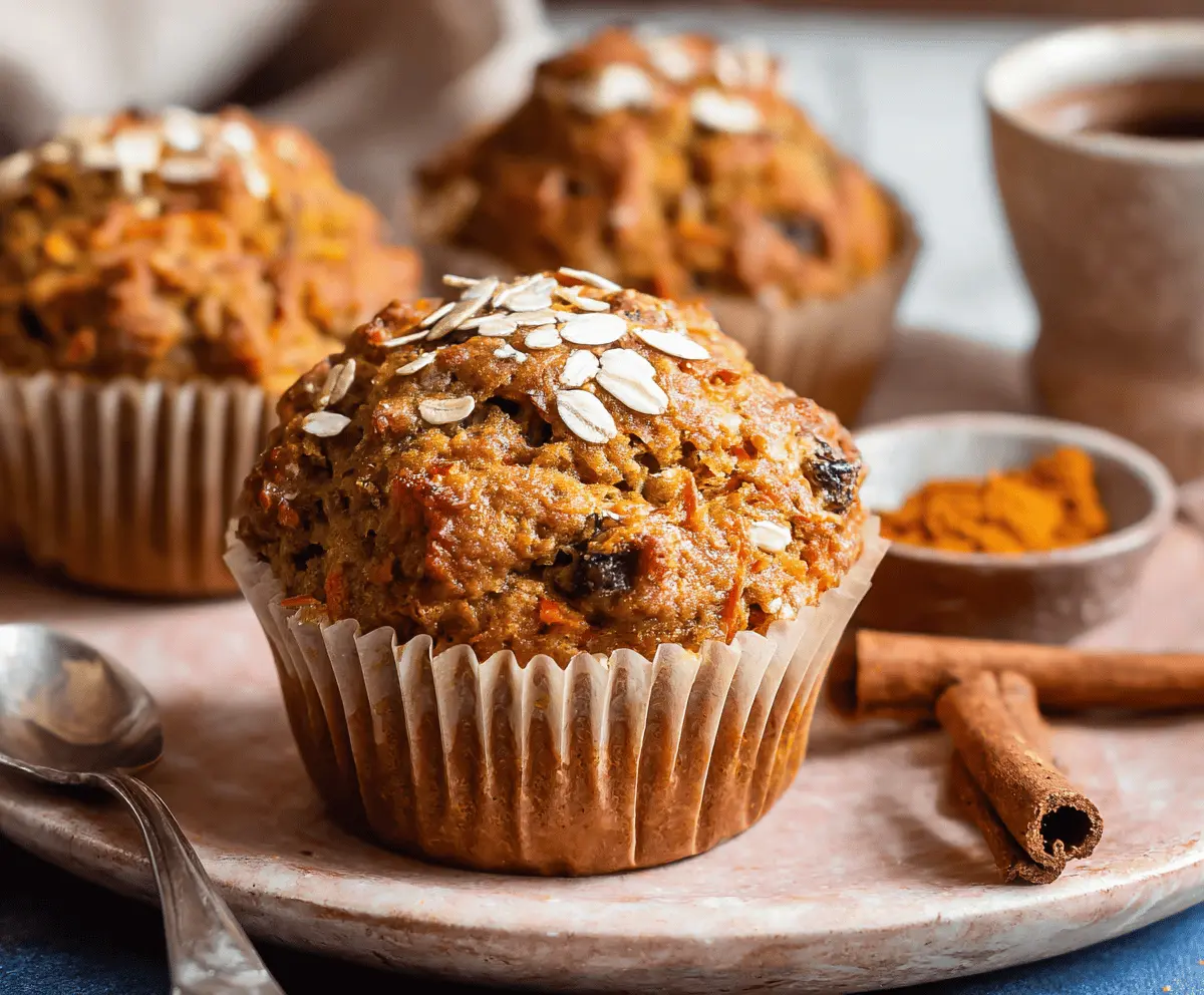 Freshly baked pumpkin carrot muffins with a golden crust, featuring vibrant orange and earthy tones, perfect for a healthy snack or breakfast.