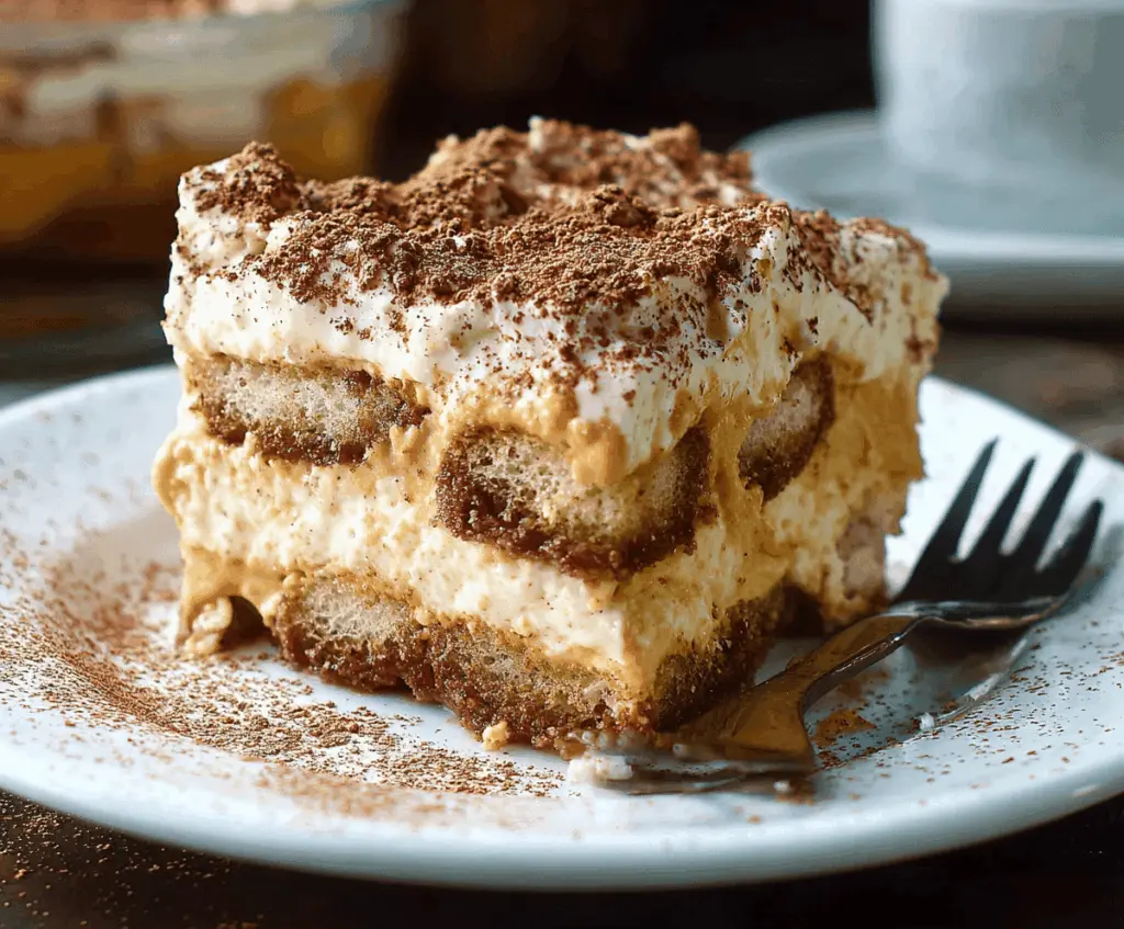 Delicious Pumpkin Chai Tiramisu layered dessert with pumpkin, chai spices, and creamy mascarpone cheese in a glass serving dish