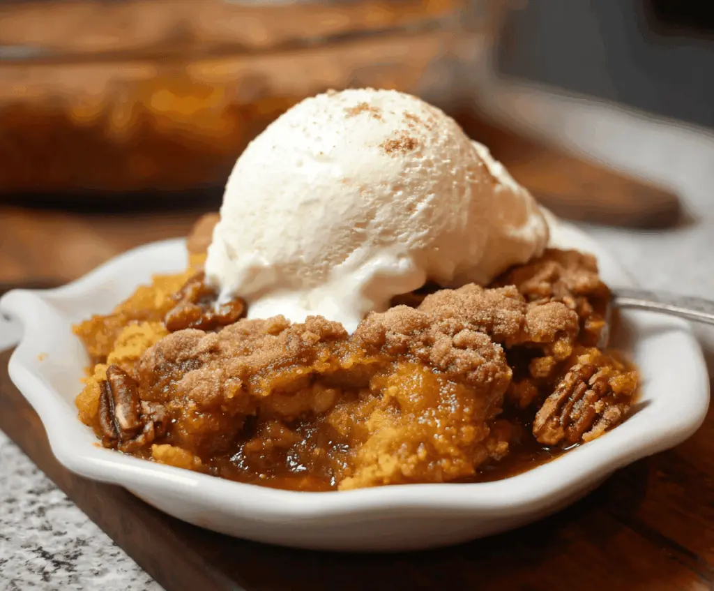 Delicious homemade pumpkin cobbler topped with golden brown crust, served warm with a scoop of vanilla ice cream on top.