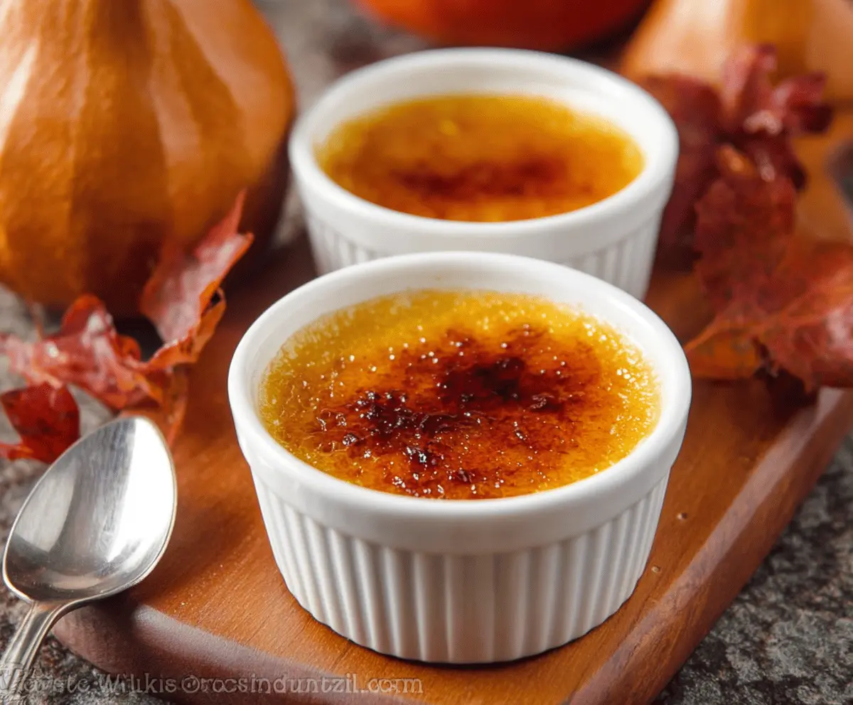 Creamy pumpkin crème brûlée topped with caramelized sugar and a sprinkle of cinnamon, perfect for fall desserts.