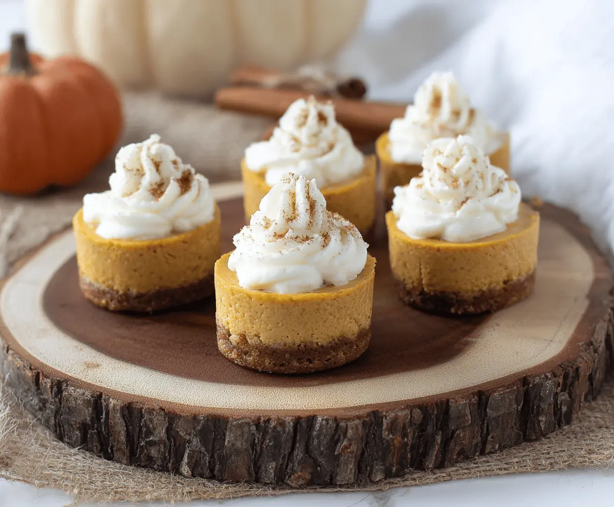Delicious pumpkin mini cheesecakes topped with whipped cream and cinnamon, perfect for fall dessert favorites.