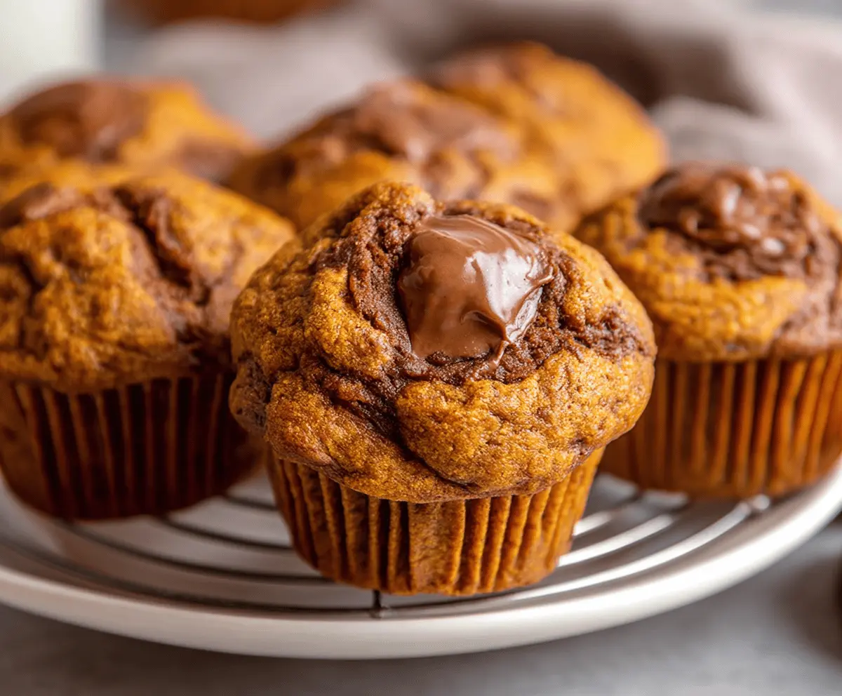 Delicious homemade pumpkin Nutella muffins topped with chopped nuts and a swirl of Nutella, perfect for fall baking.
