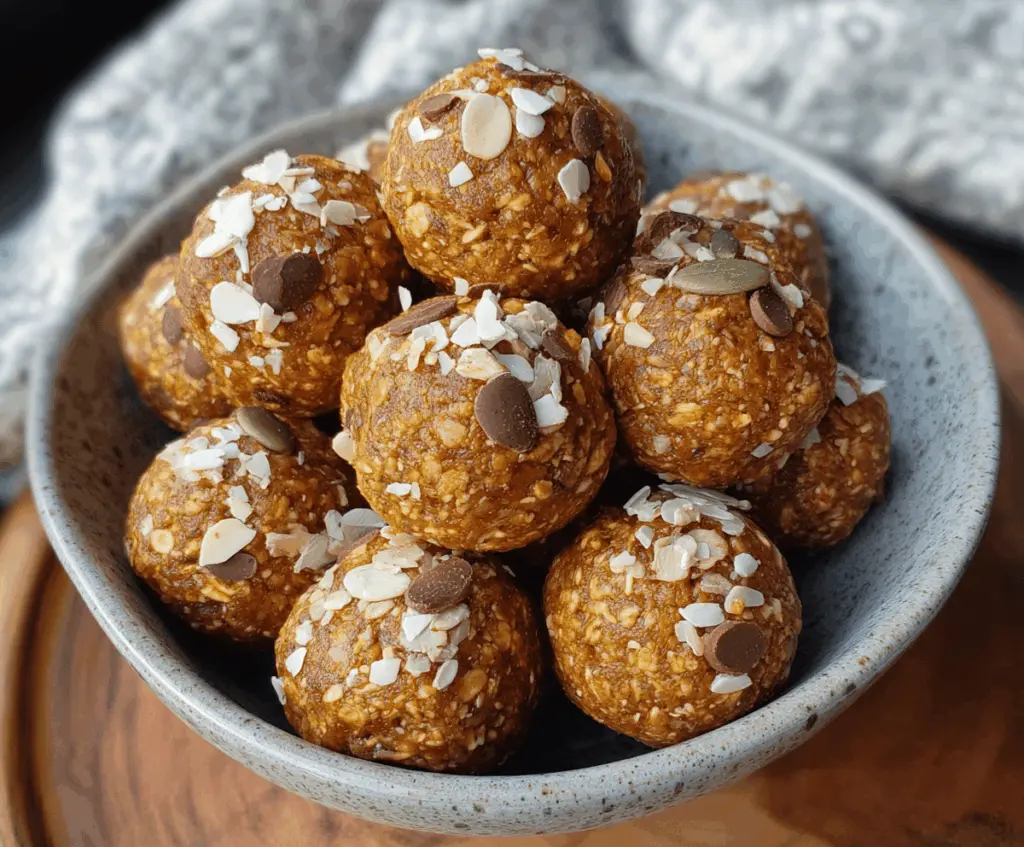 Healthy Pumpkin Oat Protein Balls on a white plate, featuring rolled oats, pumpkin puree, and chocolate chips, perfect for a nutritious snack