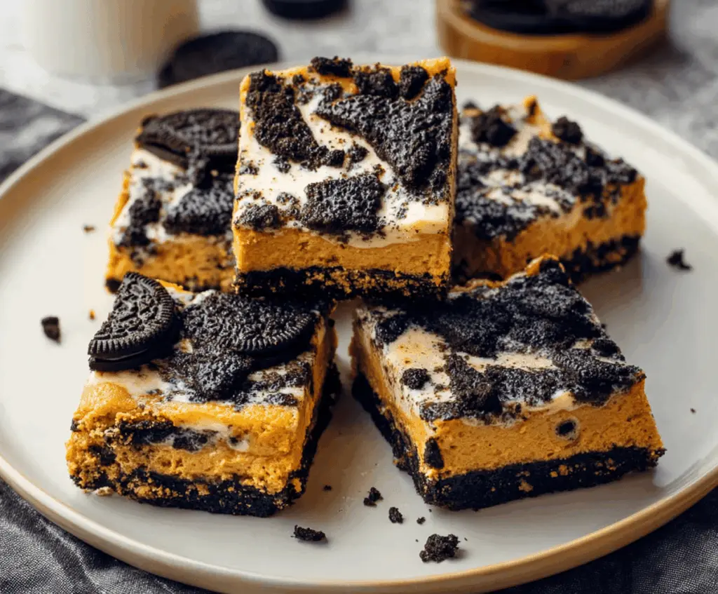 Creamy pumpkin Oreo cheesecake bars with a graham cracker crust and chocolate cookie topping, perfect for fall desserts