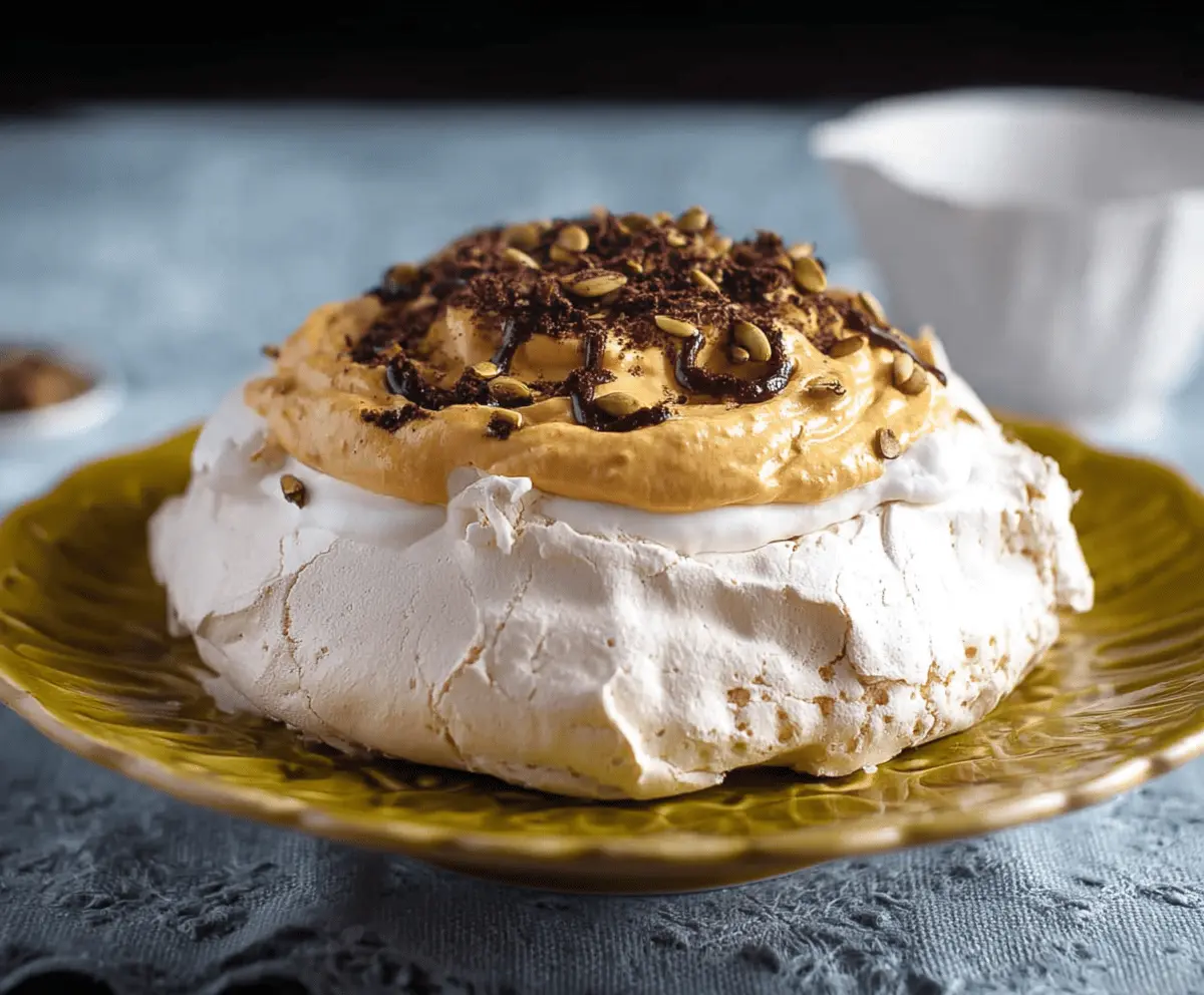 Delicious Pumpkin Pavlova topped with whipped cream and caramelized pumpkin pieces, garnished with fresh mint leaves, perfect for fall desserts.