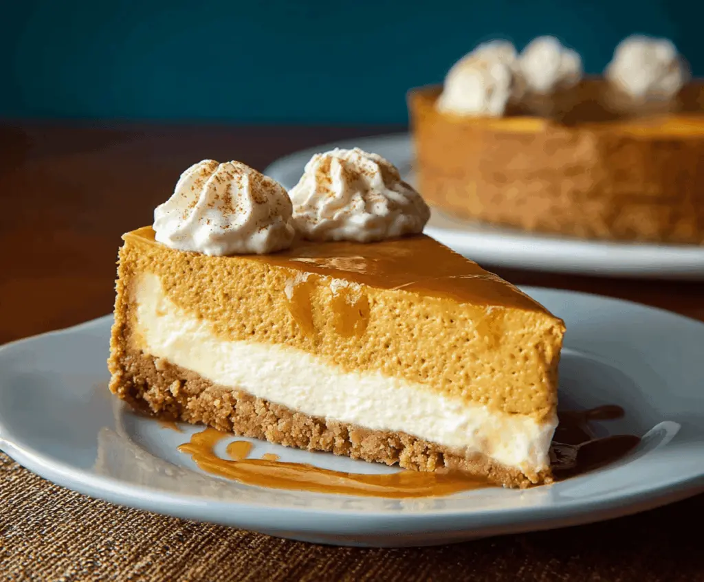 Creamy pumpkin pie cheesecake topped with whipped cream and cinnamon on a decorative plate, perfect for fall desserts.