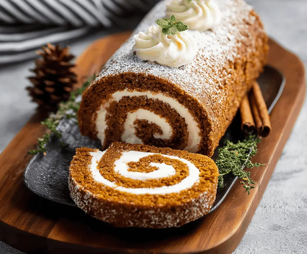 Delicious homemade pumpkin roll cake with cream cheese filling, perfect for fall desserts and holiday gatherings.