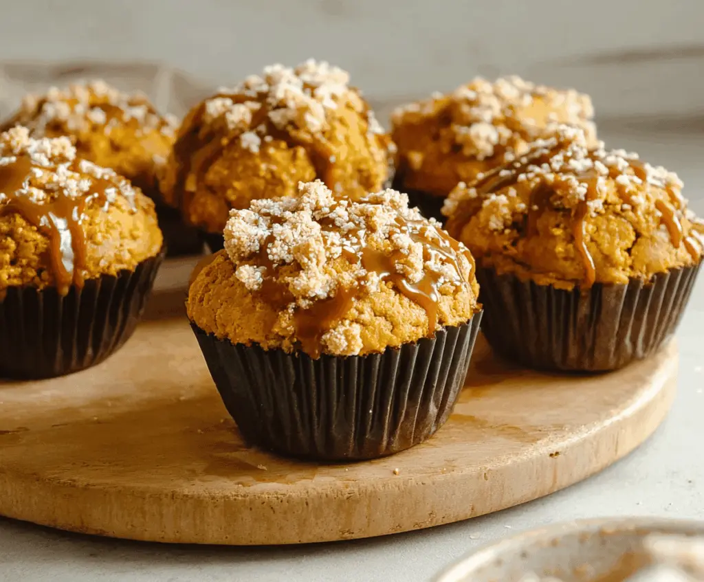 Freshly baked pumpkin salted caramel muffins topped with caramel drizzle and sea salt, perfect for fall desserts