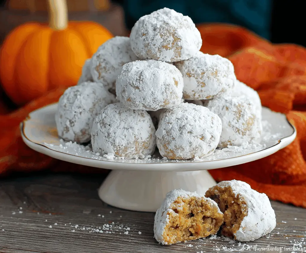 Golden Pumpkin Snowball Cookies coated in powdered sugar, perfect for fall desserts and holiday treats.