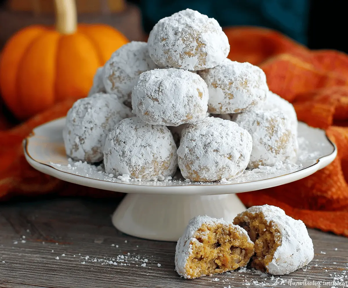 Golden Pumpkin Snowball Cookies coated in powdered sugar, perfect for fall desserts and holiday treats.