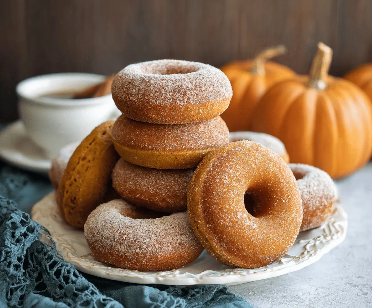 Delicious homemade pumpkin spice donuts with a dusting of cinnamon sugar on a rustic plate, perfect for fall treats.