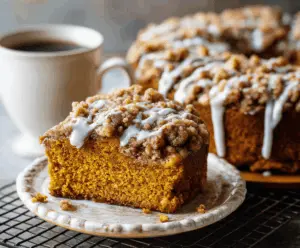 Delicious Pumpkin Streusel Coffee Cake with golden-brown crumb topping and moist pumpkin-flavored interior, perfect for breakfast or dessert.