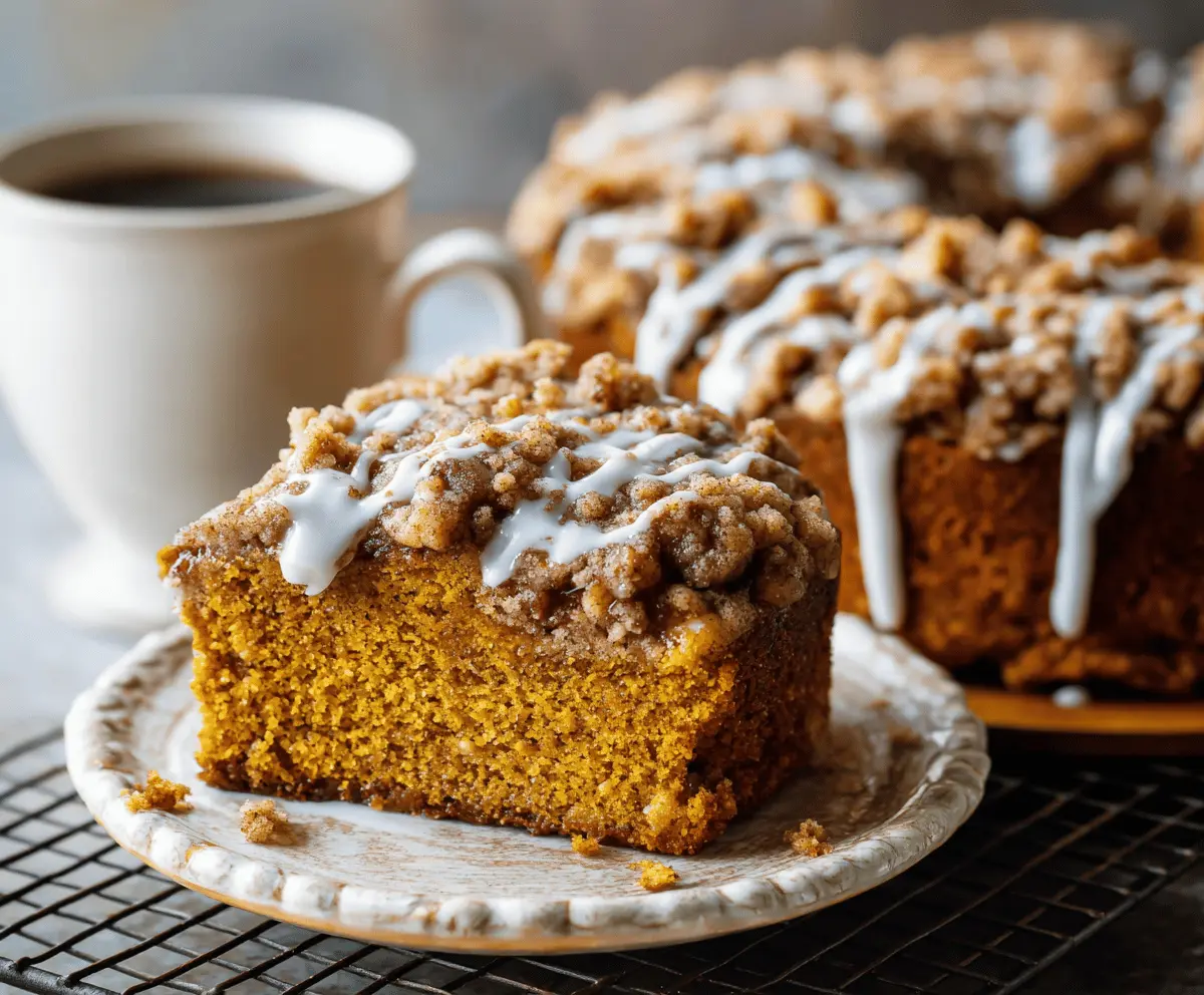 Delicious Pumpkin Streusel Coffee Cake with golden-brown crumb topping and moist pumpkin-flavored interior, perfect for breakfast or dessert.