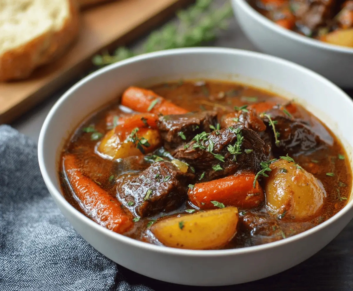 Hearty red wine beef stew with tender carrots and potatoes in a rustic bowl, perfect for comforting dinners