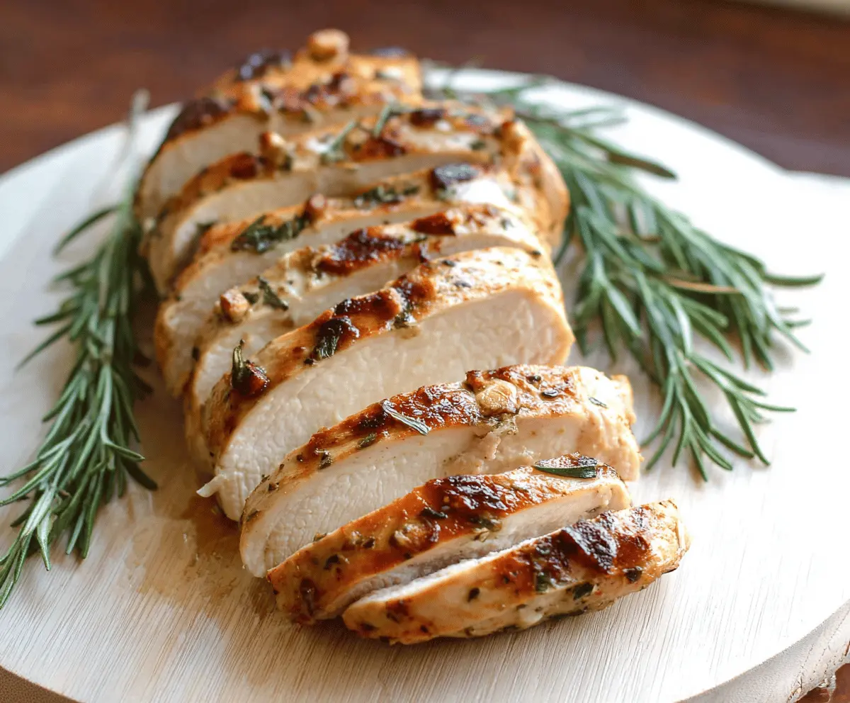Juicy rosemary garlic turkey breast served with fresh herbs on a white plate, perfect for a flavorful and healthy meal