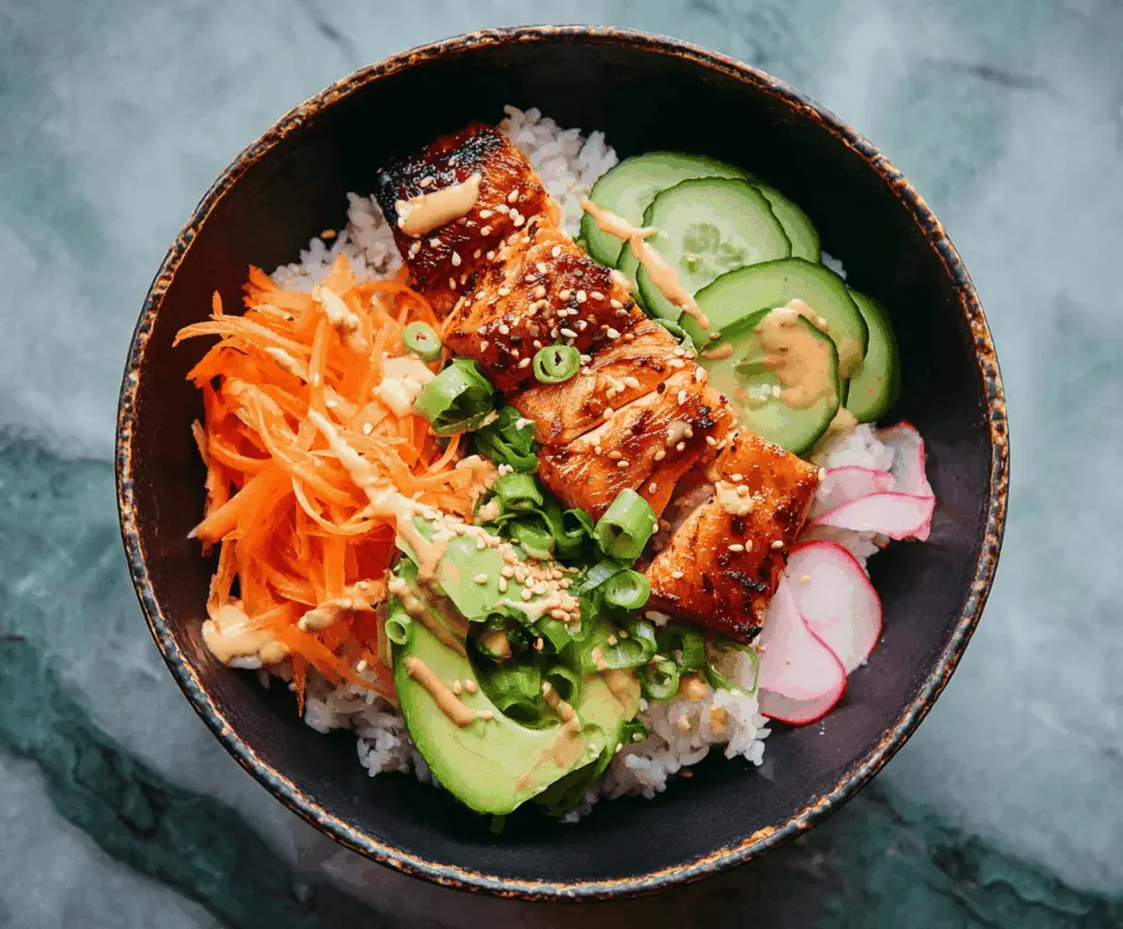 Delicious salmon and rice bowl garnished with fresh herbs, served in a white ceramic bowl on a wooden table, perfect for a healthy meal.