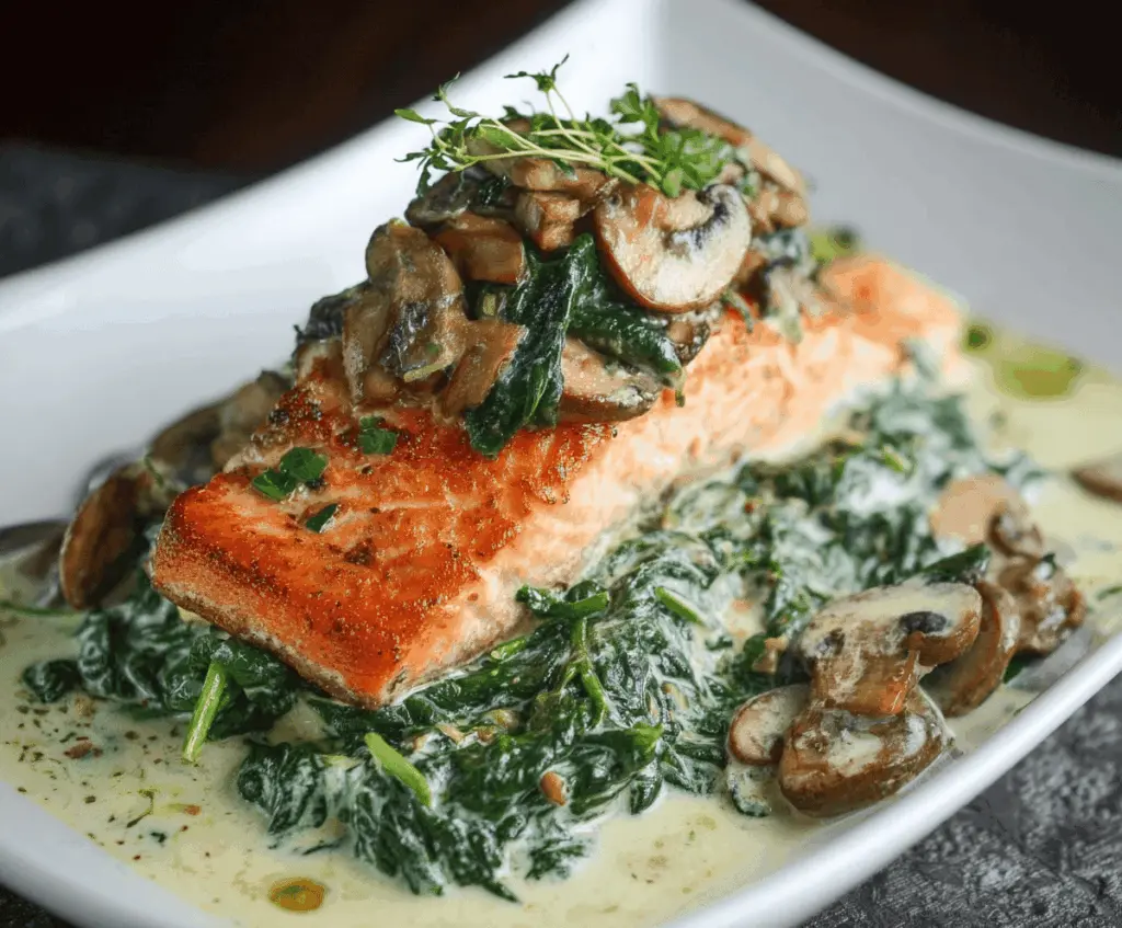Delicious baked salmon Florentine topped with fresh spinach and sautéed mushrooms, served on a white plate