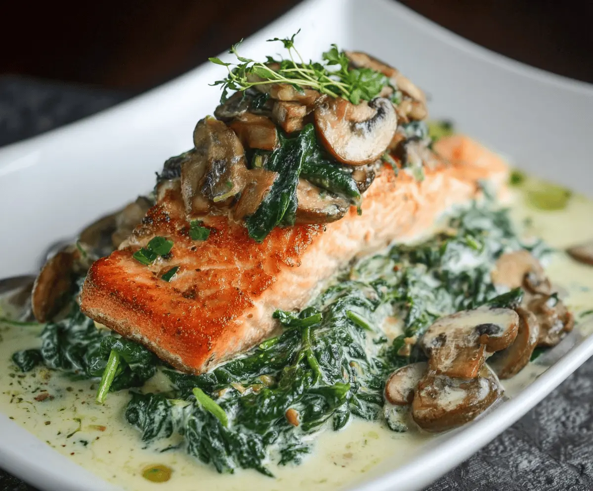 Delicious baked salmon Florentine topped with fresh spinach and sautéed mushrooms, served on a white plate