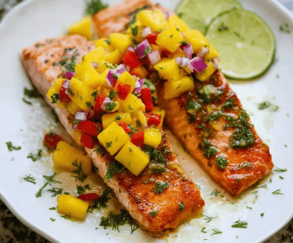 Delicious grilled salmon topped with vibrant fresh mango salsa, served on a white plate with lime wedges and herbs, perfect for a healthy seafood meal.
