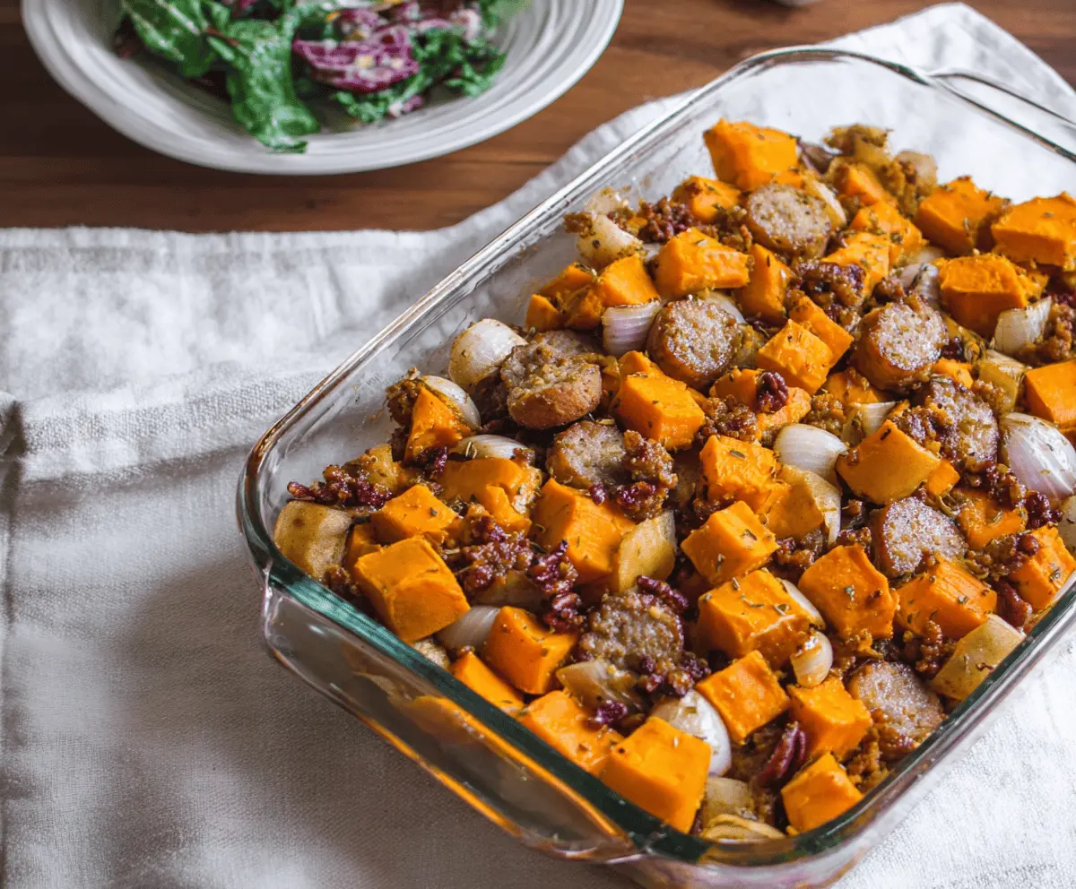 Delicious sausage and sweet potato casserole topped with melted cheese, ready to serve, perfect for a hearty, comforting meal.