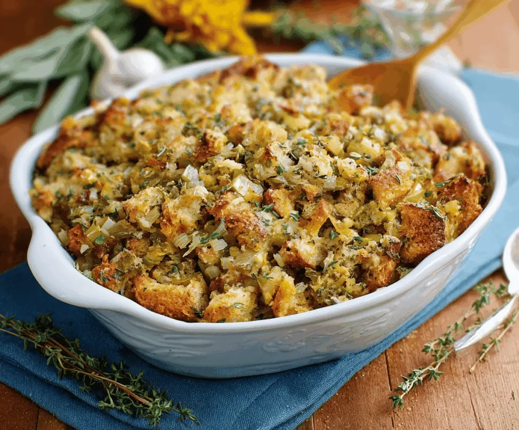 Delicious savory herb stuffing with fresh herbs and golden-brown crust, perfect for holiday dinners