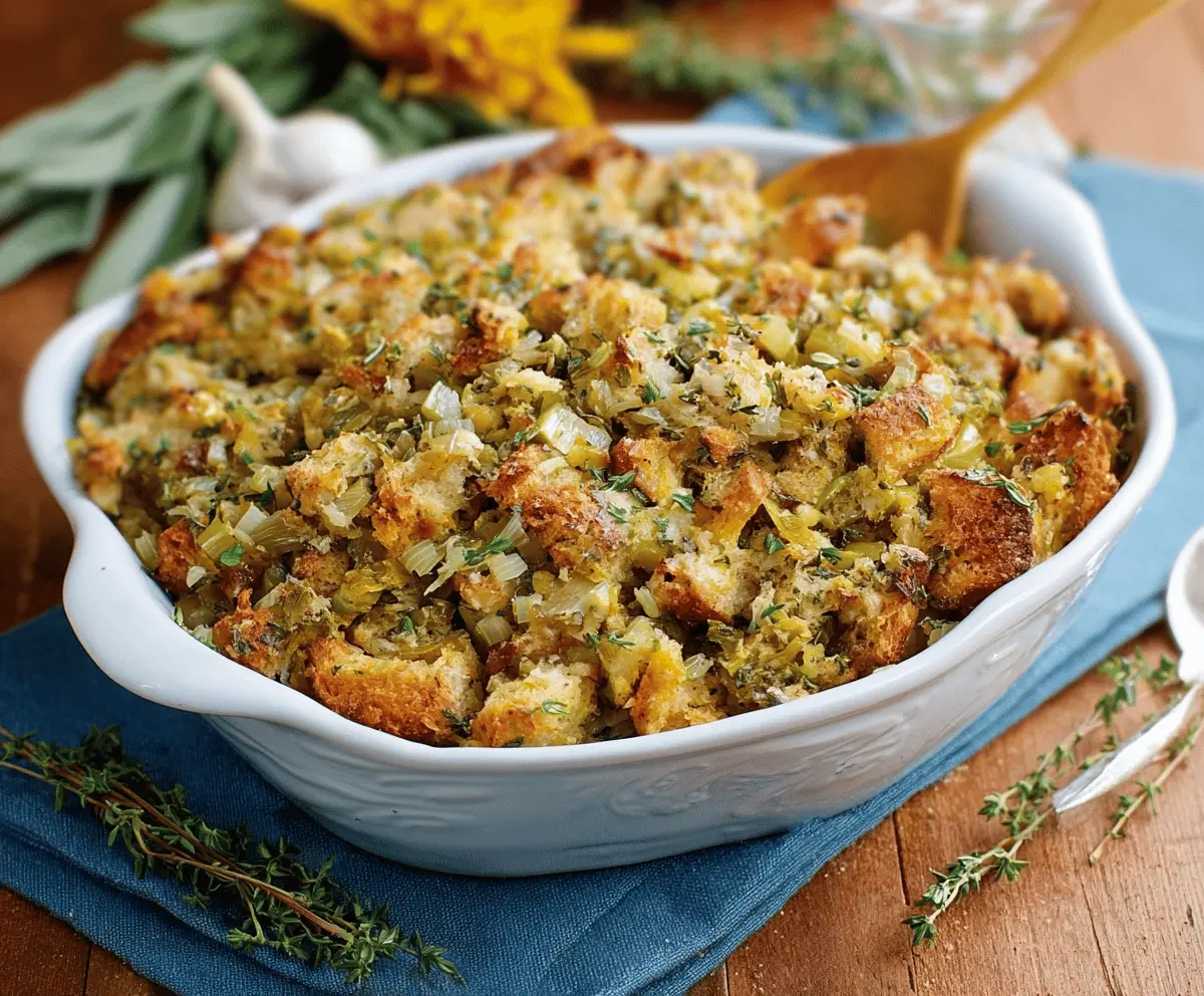 Delicious savory herb stuffing with fresh herbs and golden-brown crust, perfect for holiday dinners