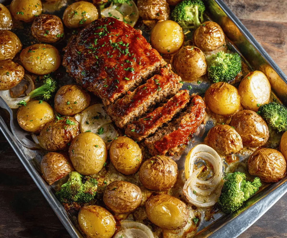 Delicious sheet pan meatloaf with roasted potatoes and vegetables ready to serve