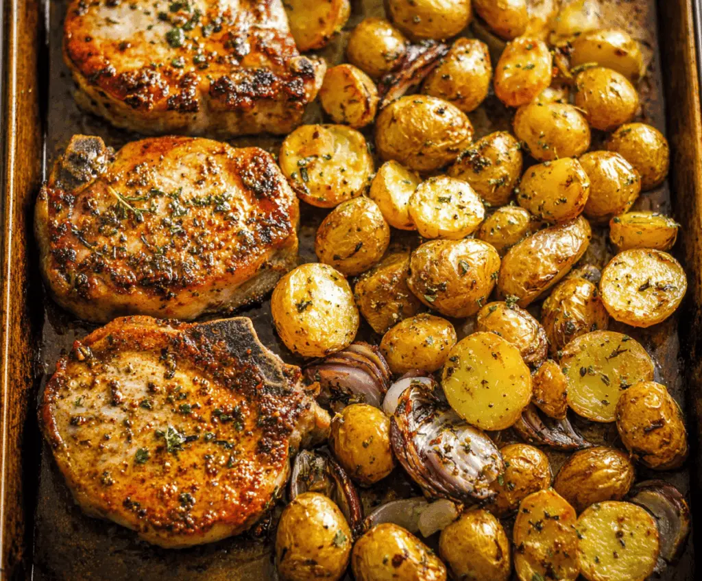 Delicious sheet pan pork chops with roasted potatoes and fresh herbs on a baking sheet, perfect for a quick and easy dinner.