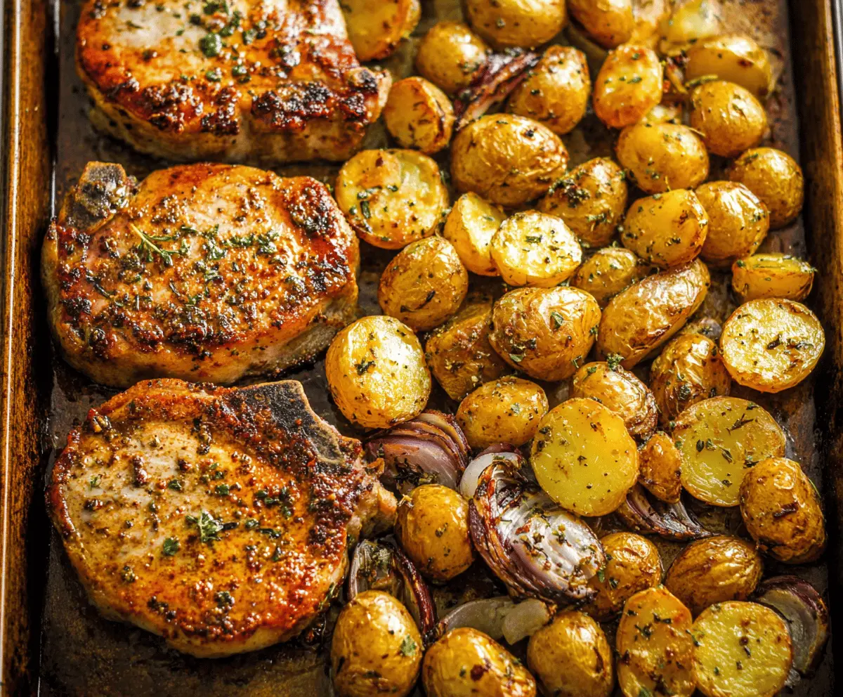 Delicious sheet pan pork chops with roasted potatoes and fresh herbs on a baking sheet, perfect for a quick and easy dinner.