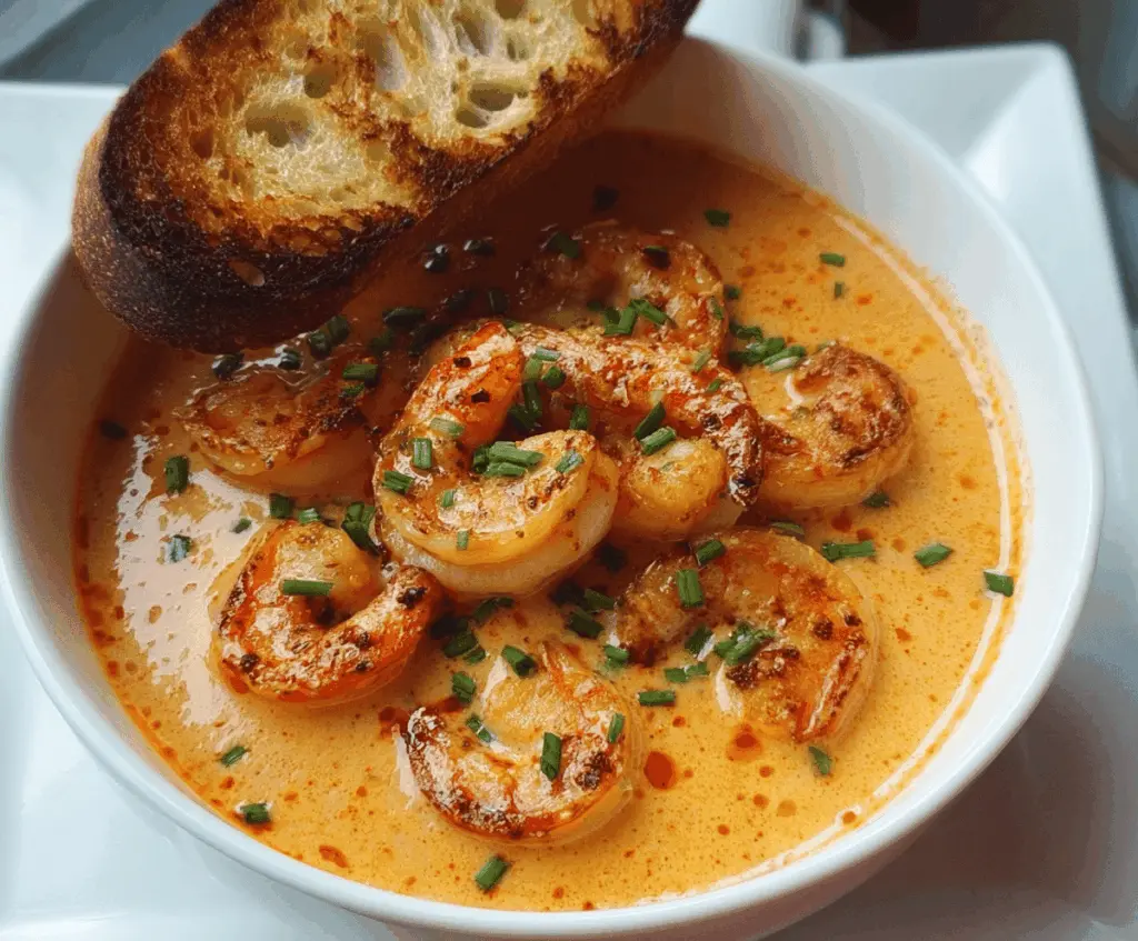 Creamy shrimp bisque garnished with fresh herbs and served in a white bowl, highlighting its rich texture and flavorful ingredients.