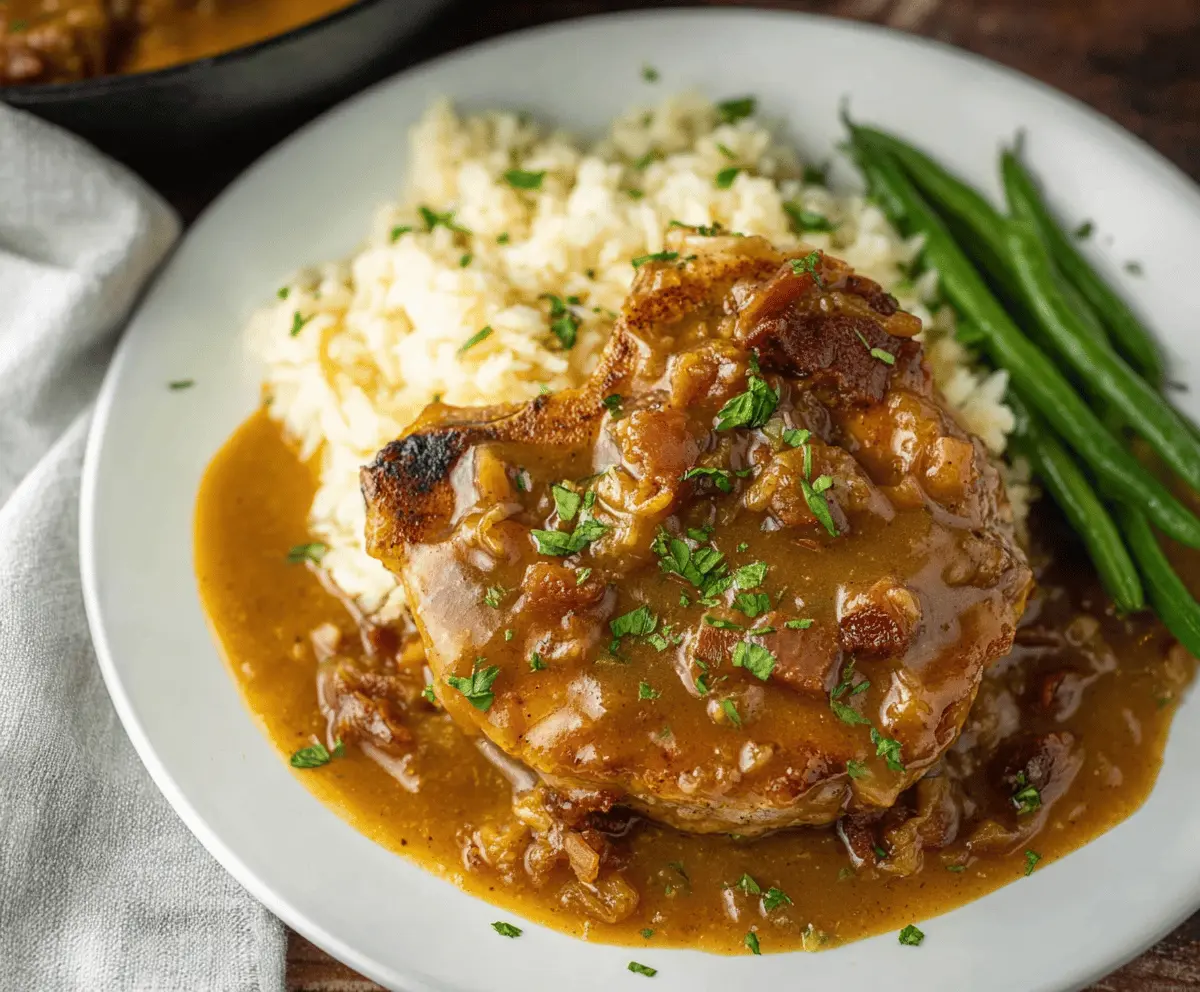 Juicy smothered pork chops topped with gravy and served with mashed potatoes and steamed vegetables on a plate.