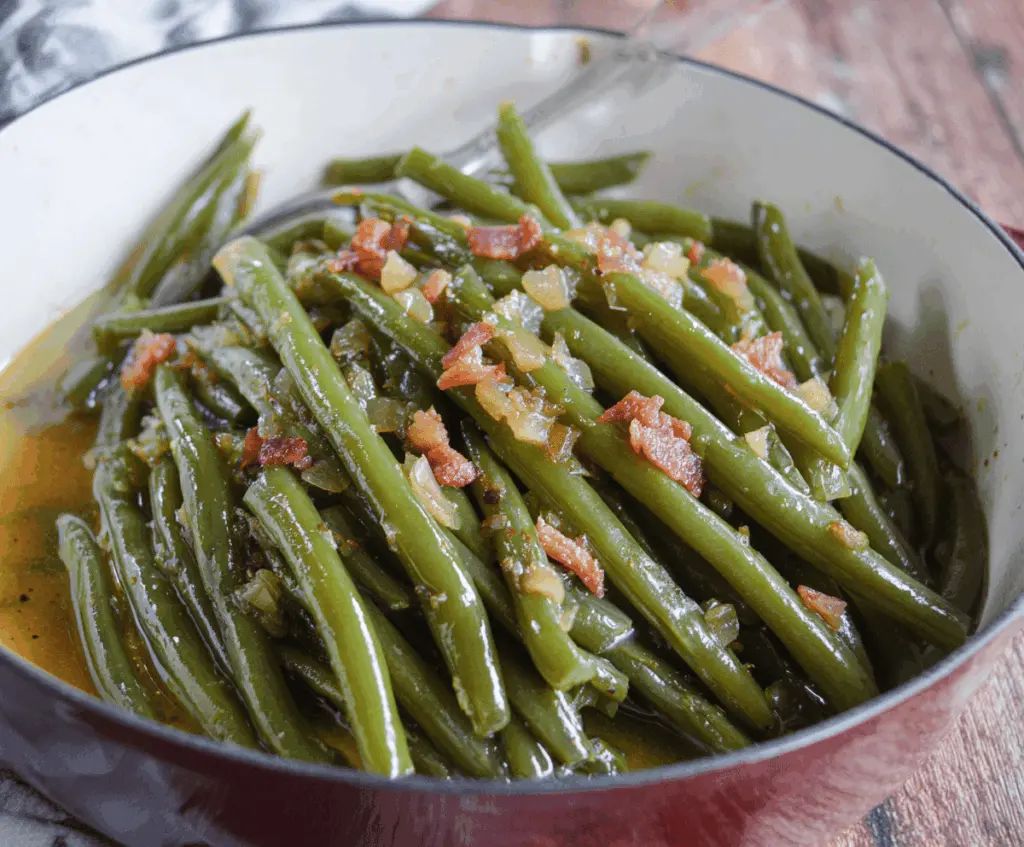 Delicious Southern Style Green Beans cooked with bacon and seasonings, served as a flavorful side dish