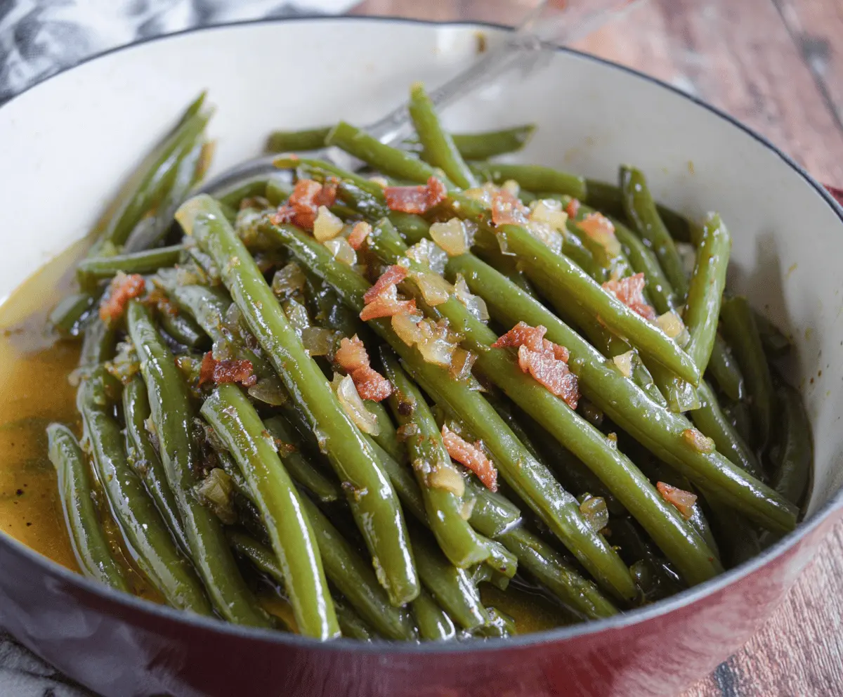 Delicious Southern Style Green Beans cooked with bacon and seasonings, served as a flavorful side dish