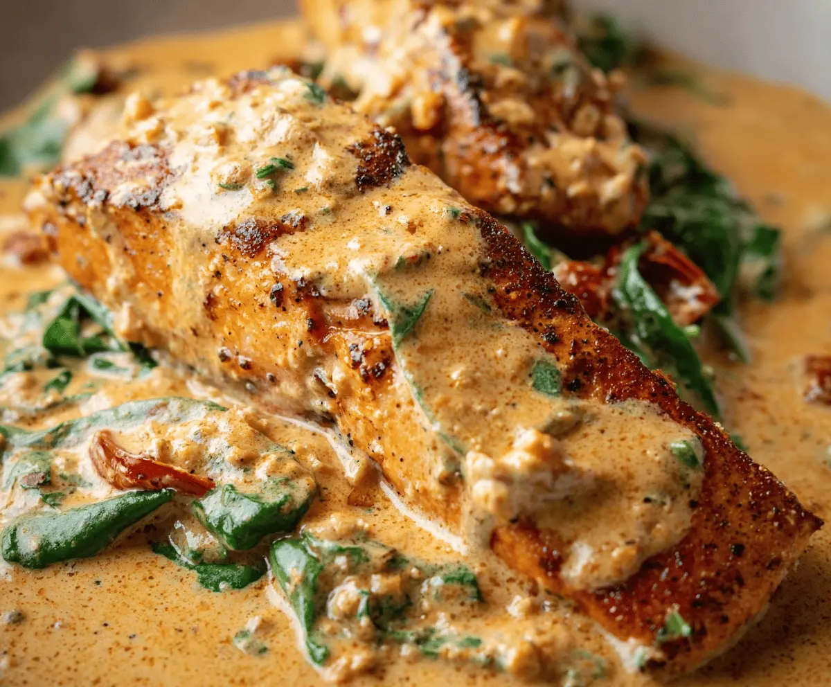 Creamy Cajun Salmon fillet topped with spicy seasoning, served with vibrant vegetables on a plate.