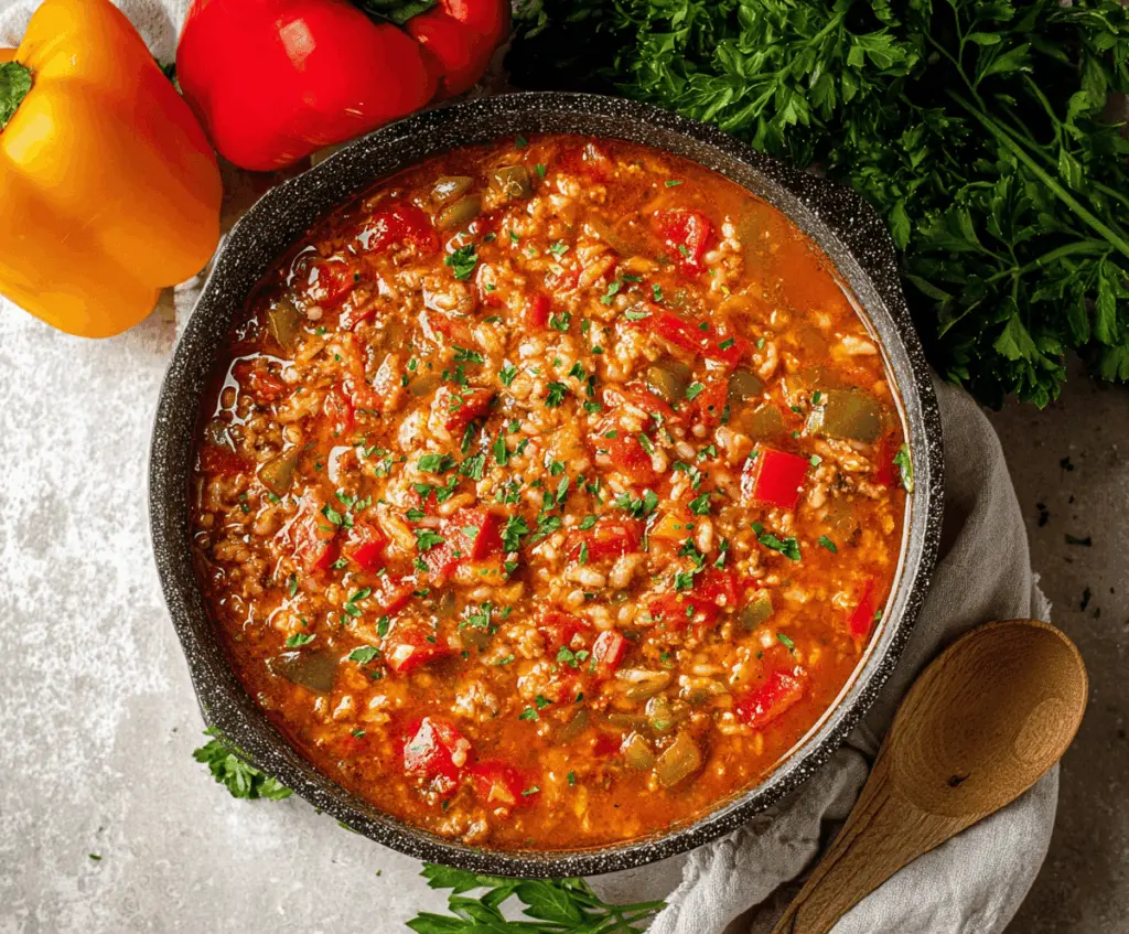 A bowl of hearty stuffed bell pepper soup garnished with fresh herbs, featuring colorful bell peppers, diced vegetables, and melted cheese.