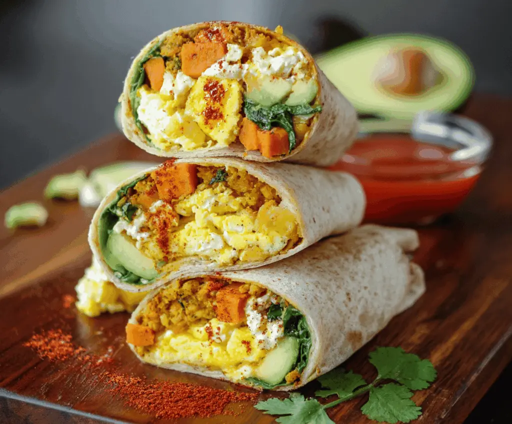 Delicious sweet potato breakfast burritos filled with scrambled eggs, black beans, and cheese, wrapped in whole wheat tortillas for a nutritious morning meal.