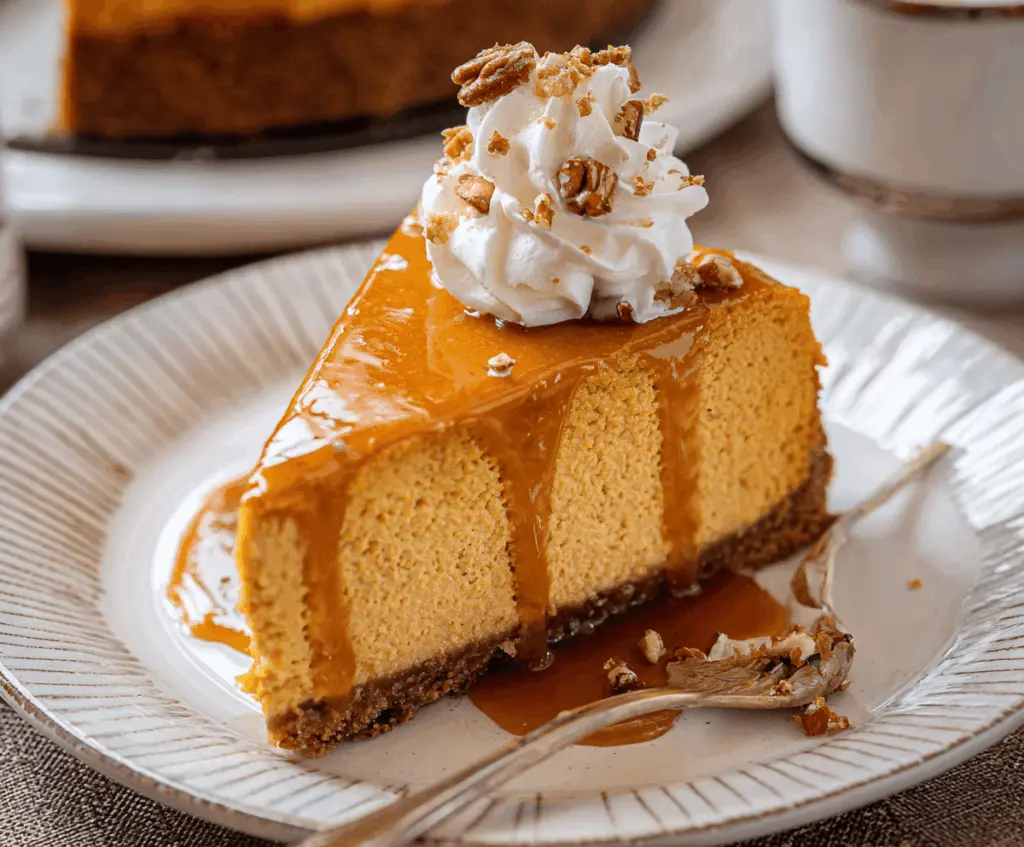 Delicious slice of sweet potato cheesecake topped with whipped cream and pecans, showcasing a creamy texture and rich flavor perfect for dessert lovers